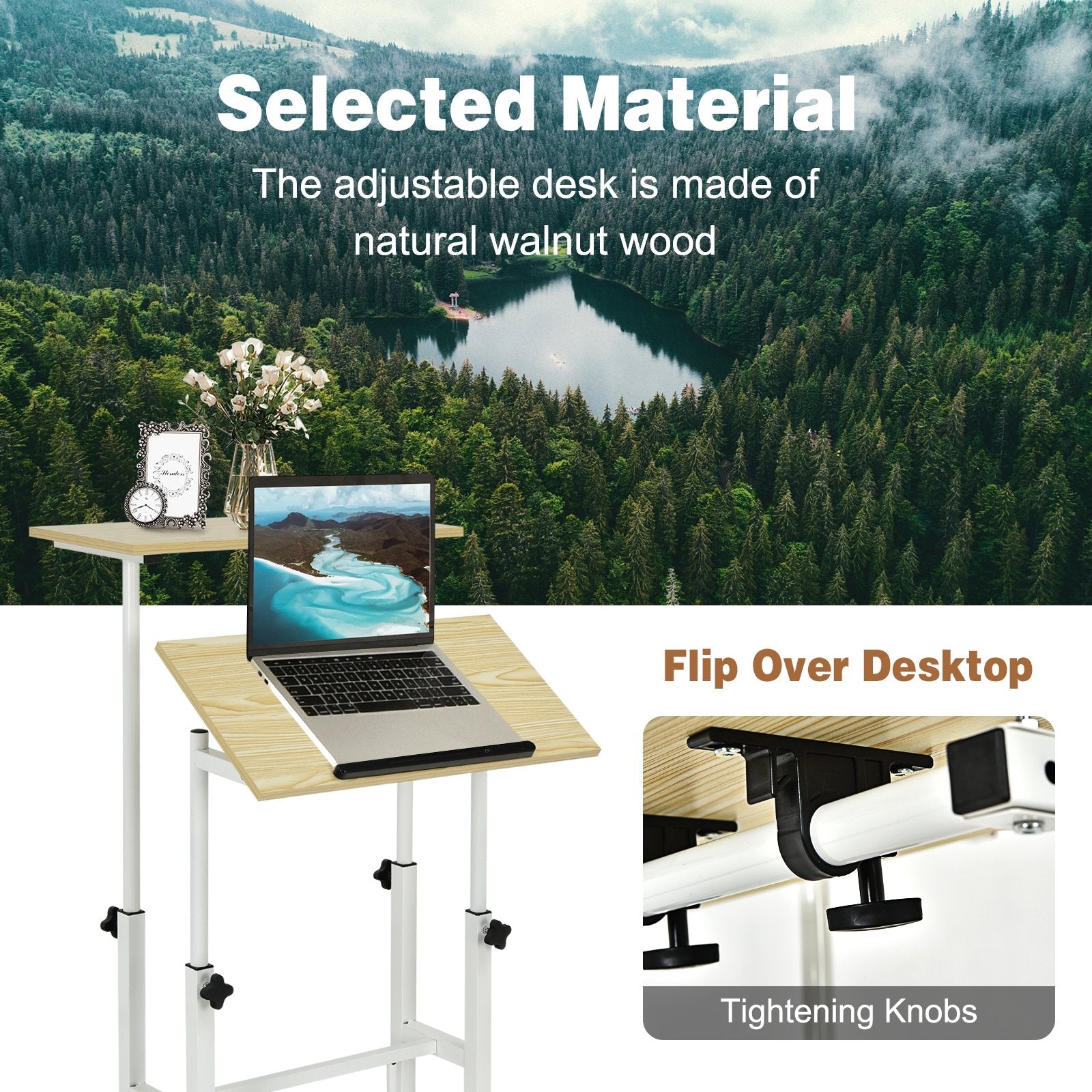 Height Adjustable Mobile Standing Desk with rolling wheels for office and home, Natural Laptop Tables & Printer Stands   at Gallery Canada