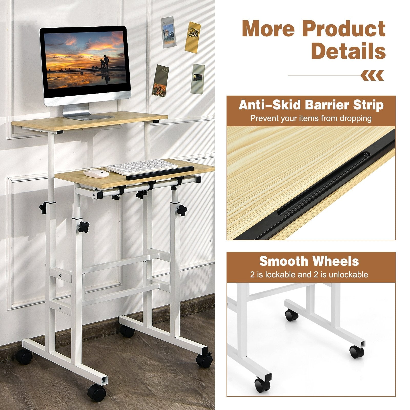 Height Adjustable Mobile Standing Desk with rolling wheels for office and home, Natural Laptop Tables & Printer Stands   at Gallery Canada