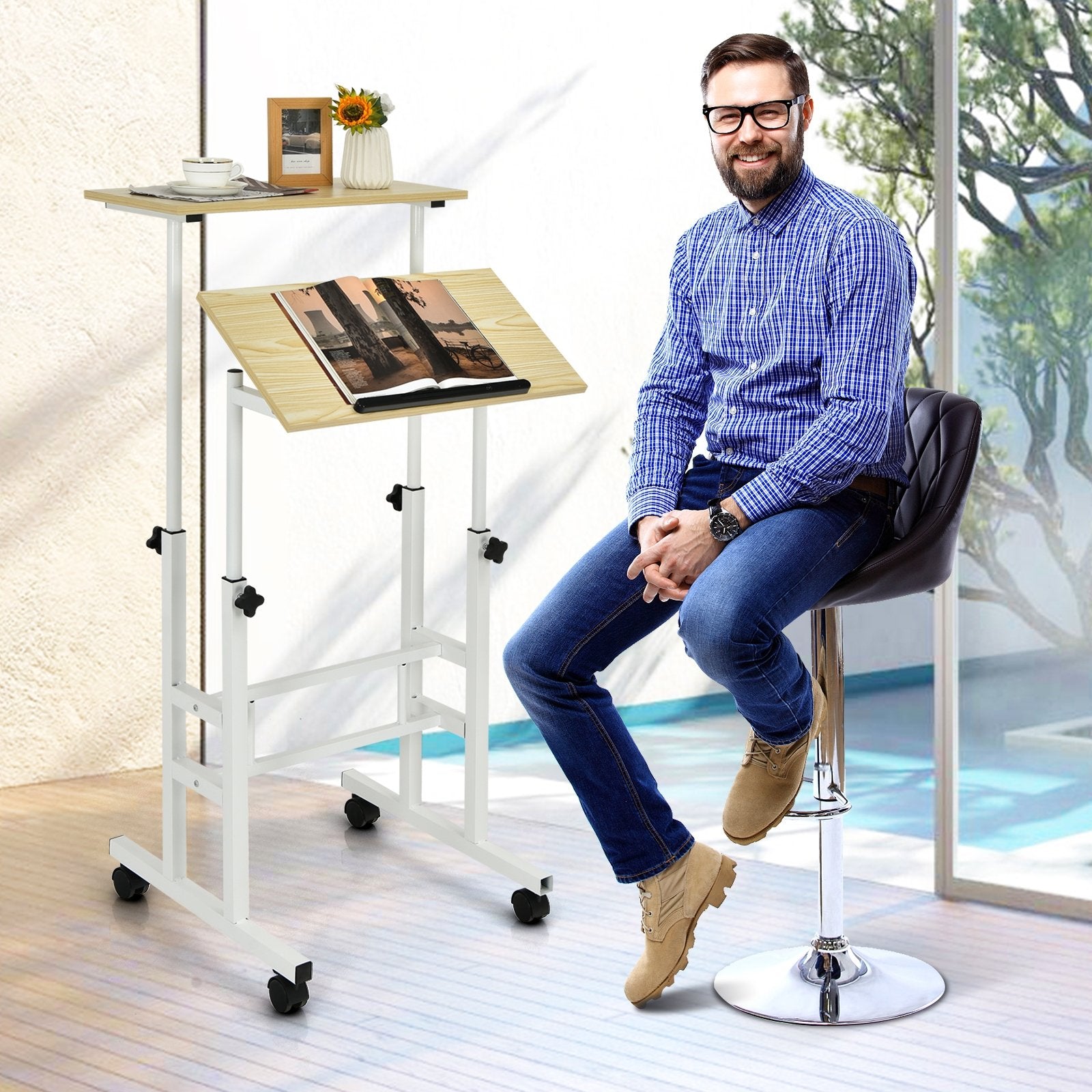 Height Adjustable Mobile Standing Desk with rolling wheels for office and home, Natural Laptop Tables & Printer Stands   at Gallery Canada