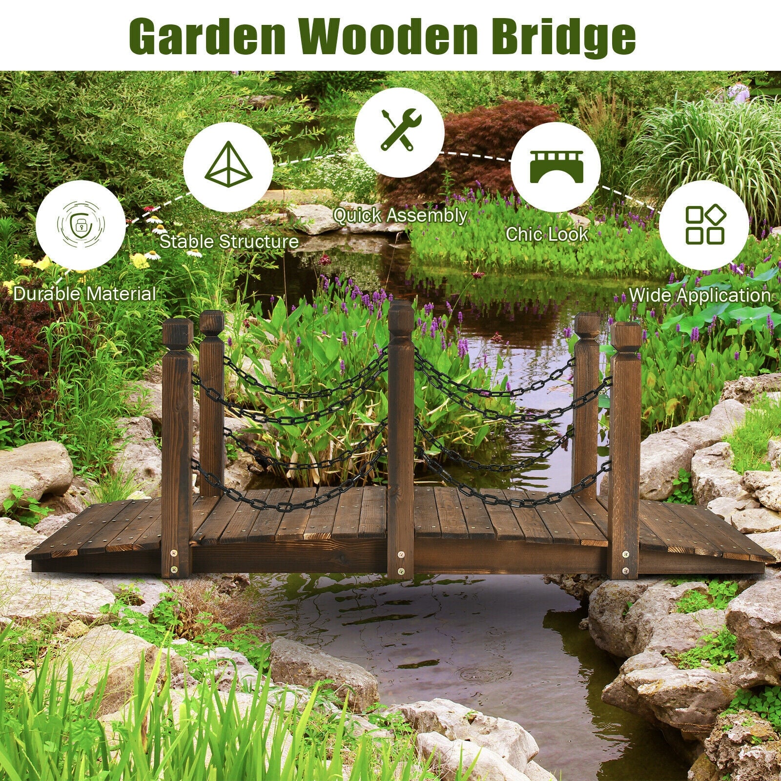 5 Feet Wooden Garden Bridge Arc Footbridge Stained Finish Walkway with Safety Rails, Brown Outdoor Decor   at Gallery Canada