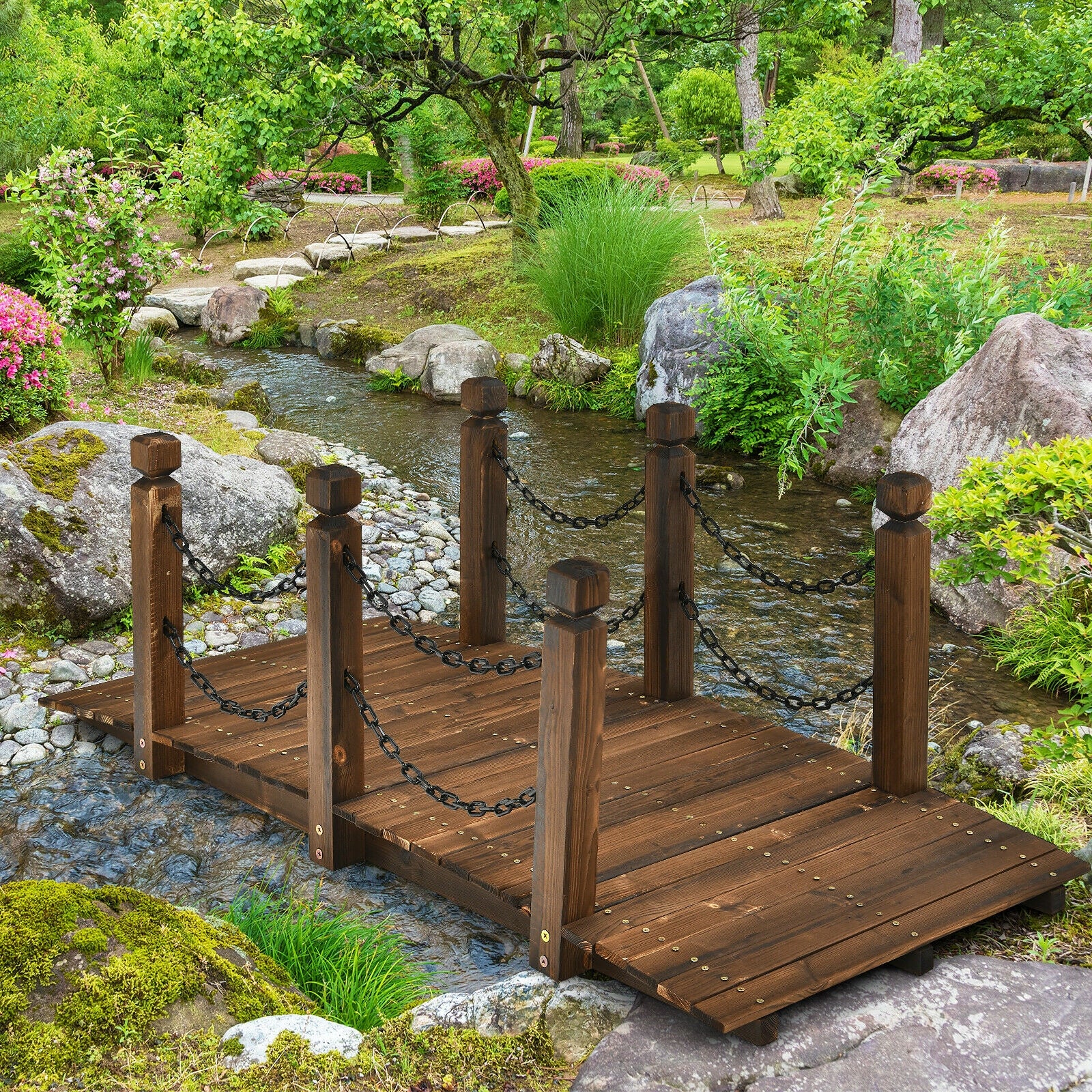 5 Feet Wooden Garden Bridge Arc Footbridge Stained Finish Walkway with Safety Rails, Brown Outdoor Decor   at Gallery Canada