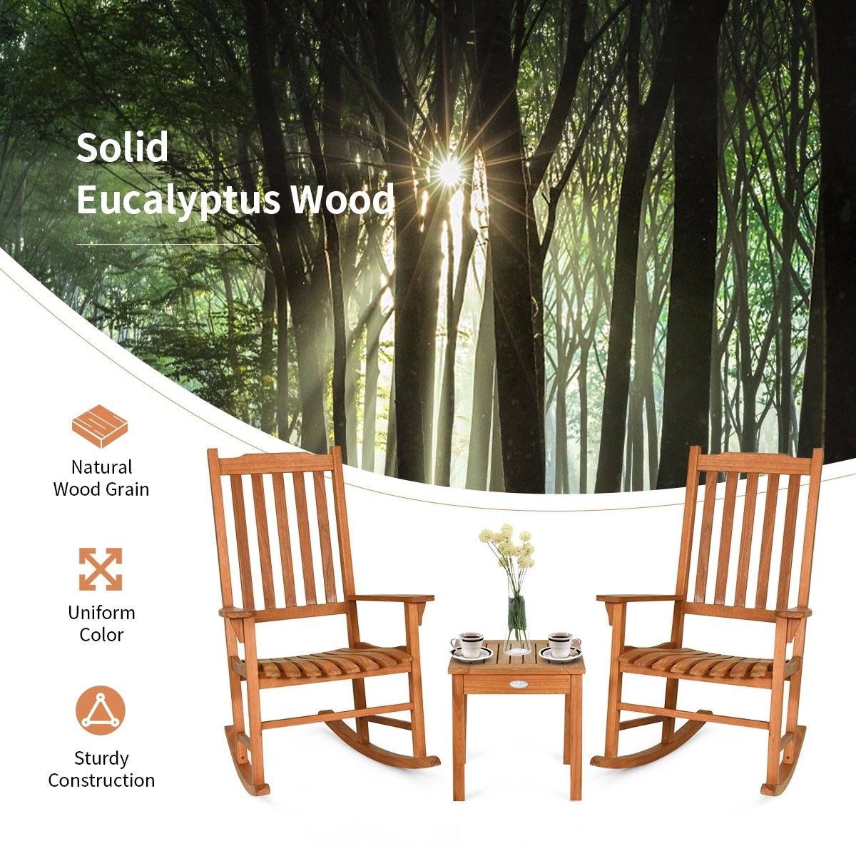 3 Pieces Eucalyptus Rocking Chair Set with Coffee Table, Natural Patio Conversation Sets   at Gallery Canada