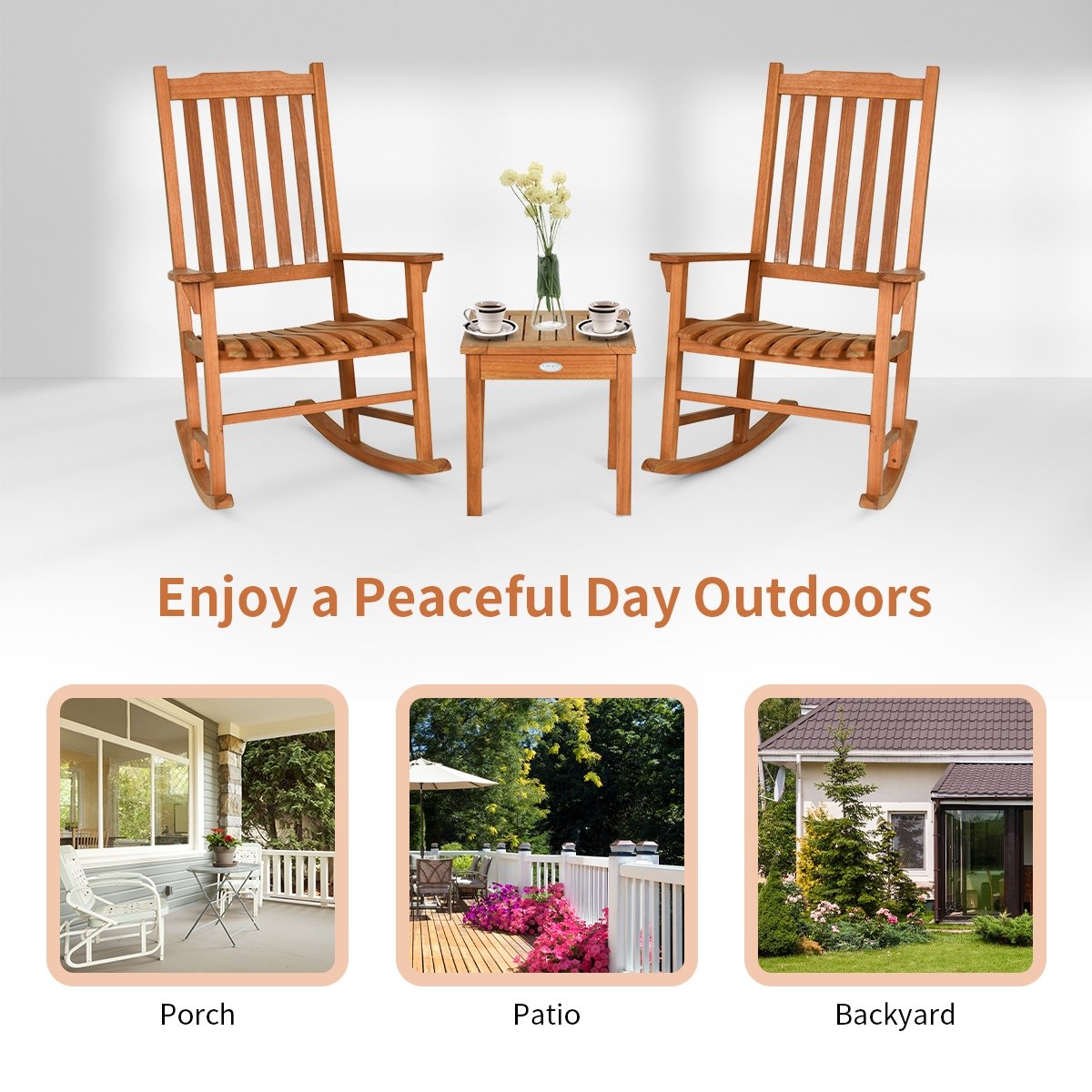 3 Pieces Eucalyptus Rocking Chair Set with Coffee Table, Natural Patio Conversation Sets   at Gallery Canada