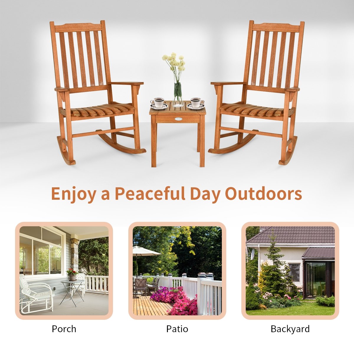 3 Pieces Eucalyptus Rocking Chair Set with Coffee Table, Natural - Gallery Canada
