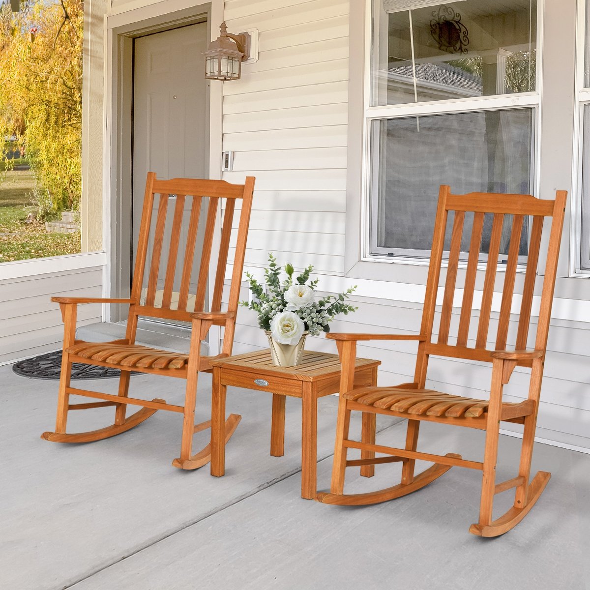 3 Pieces Eucalyptus Rocking Chair Set with Coffee Table, Natural Patio Conversation Sets   at Gallery Canada