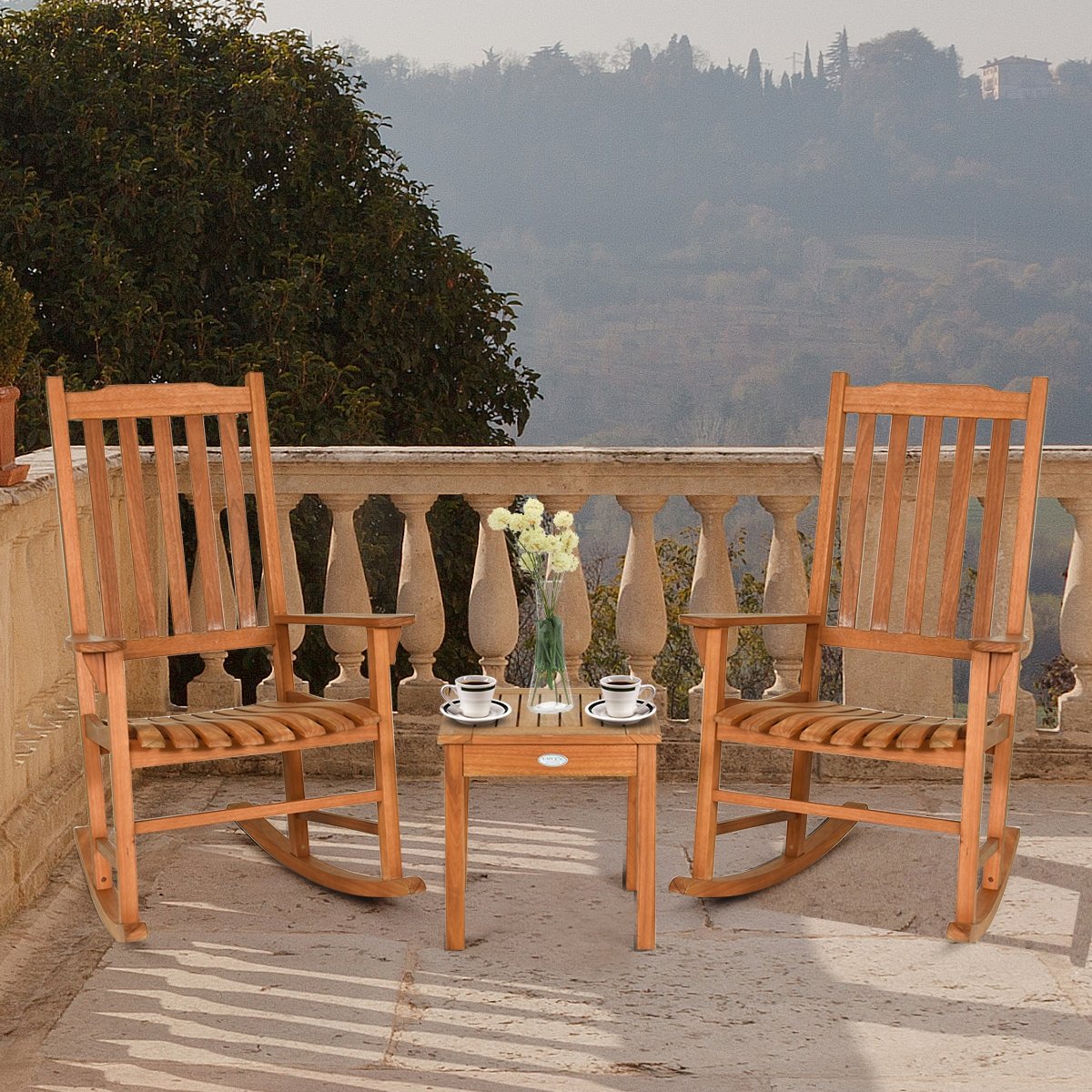 3 Pieces Eucalyptus Rocking Chair Set with Coffee Table, Natural Patio Conversation Sets   at Gallery Canada