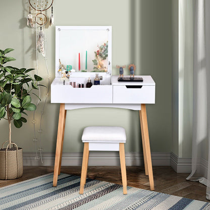 Wooden Vanity Table with Flip Top Mirror and Cushioned Stool, White Makeup Vanities   at Gallery Canada