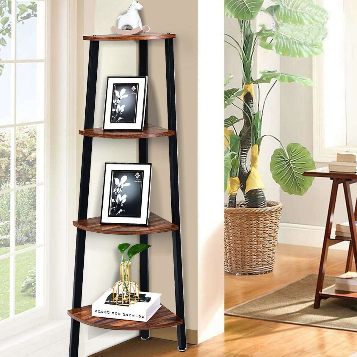 4-Tier Corner Shelf Metal Storage Rack Domestic Bookcase, Black Bookcases   at Gallery Canada