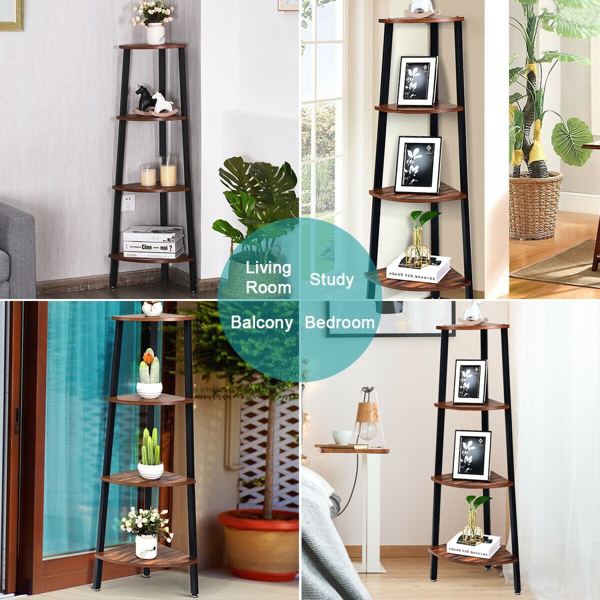 4-Tier Corner Shelf Metal Storage Rack Domestic Bookcase, Black Bookcases   at Gallery Canada