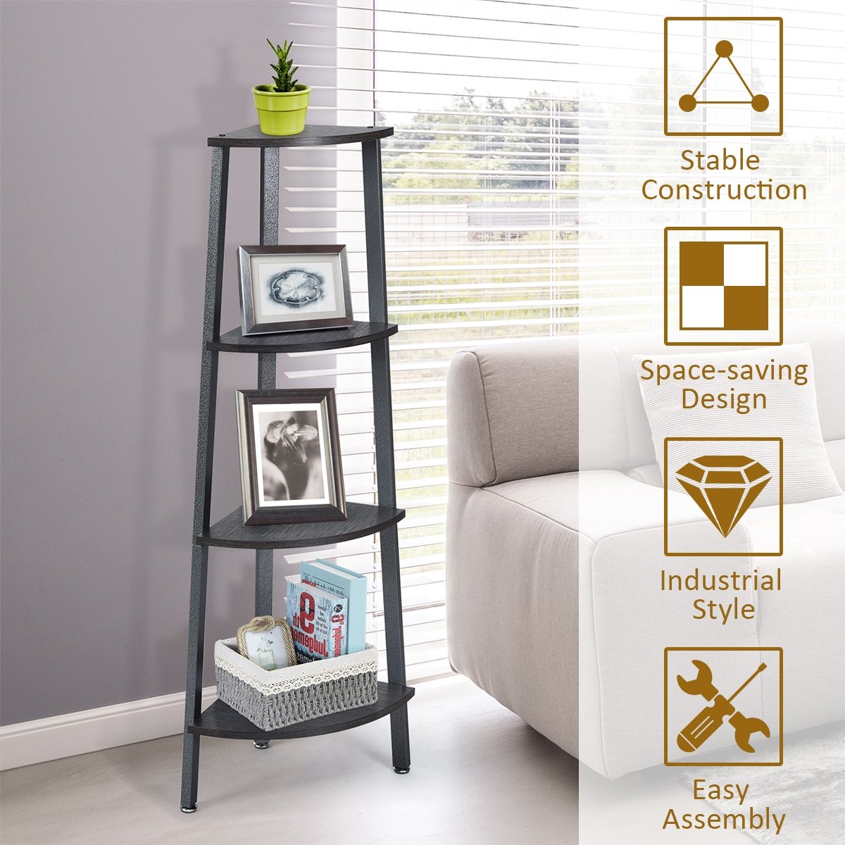 4-Tier Corner Shelf Metal Storage Rack Domestic Bookcase, Silver - Gallery Canada