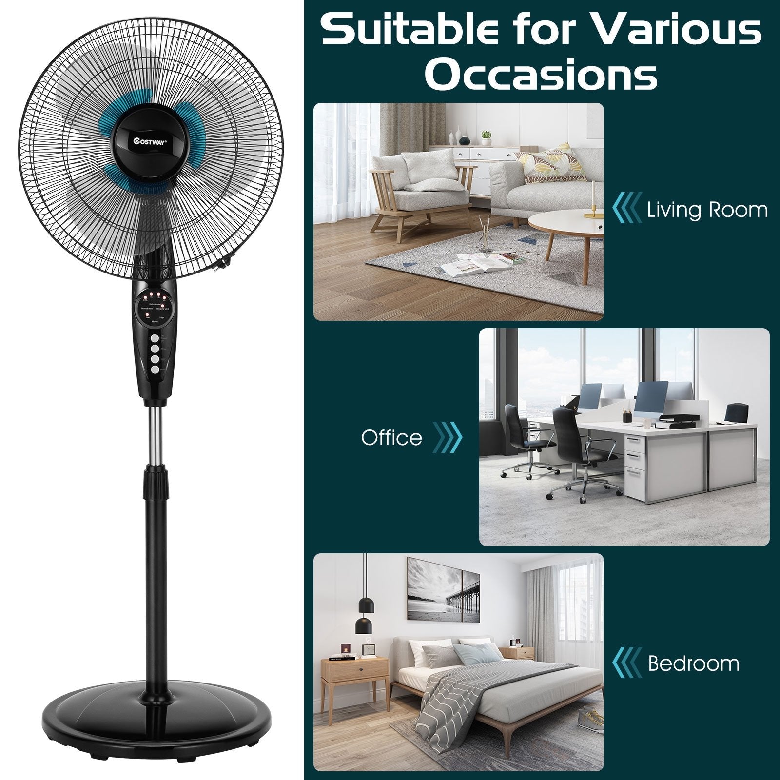 18 Inch Adjustable Height Fan with Quiet Oscillating Stand for Home and Office, Black Fans   at Gallery Canada