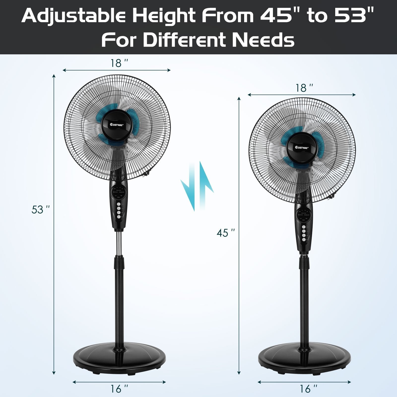 18 Inch Adjustable Height Fan with Quiet Oscillating Stand for Home and Office, Black Fans   at Gallery Canada