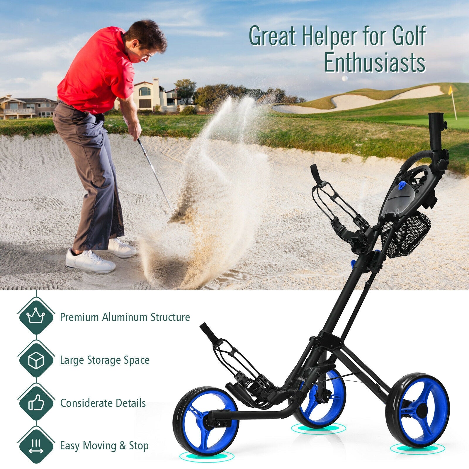 Folding 3 Wheels Golf Push Cart with Brake Scoreboard Adjustable Handle, Blue Golf   at Gallery Canada