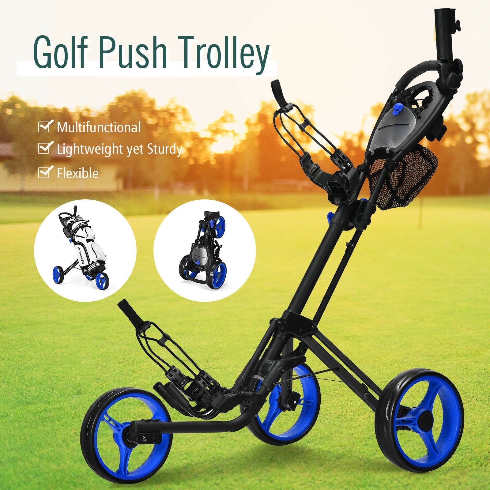 Folding 3 Wheels Golf Push Cart with Brake Scoreboard Adjustable Handle, Blue Golf   at Gallery Canada