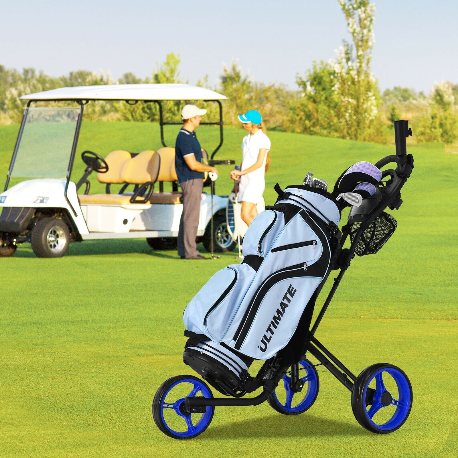 Folding 3 Wheels Golf Push Cart with Brake Scoreboard Adjustable Handle, Blue Golf   at Gallery Canada