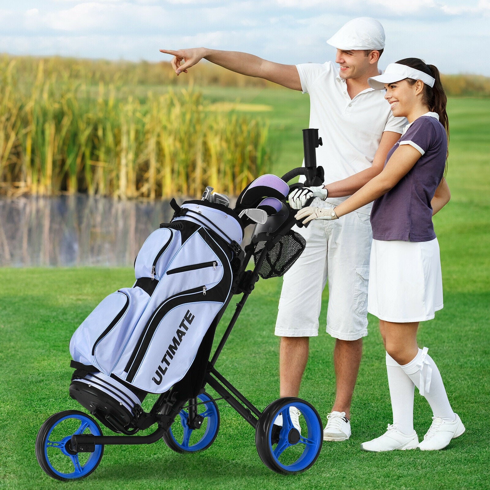 Folding 3 Wheels Golf Push Cart with Brake Scoreboard Adjustable Handle, Blue Golf   at Gallery Canada