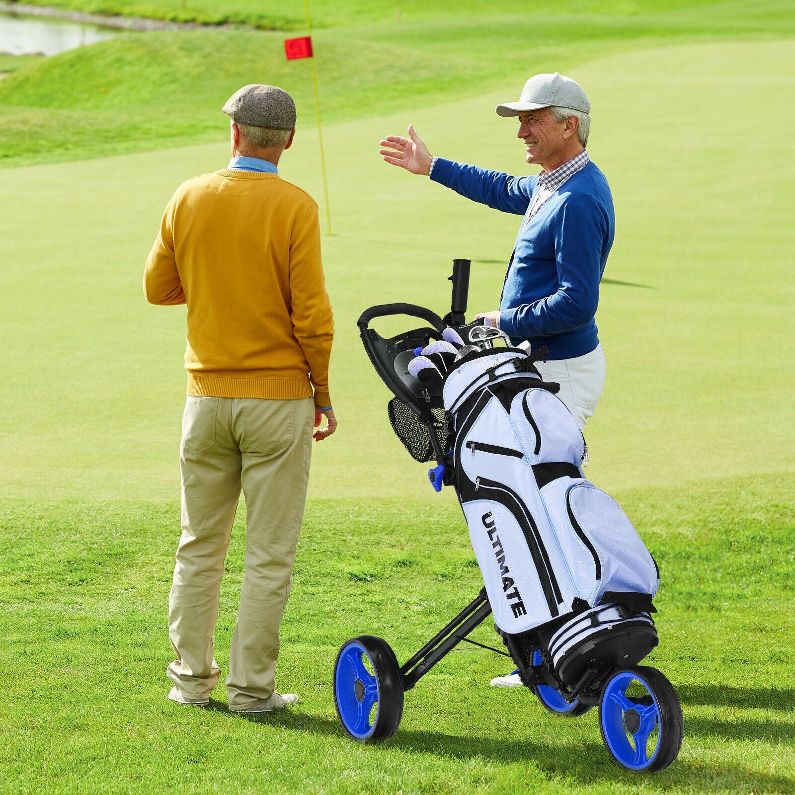 Folding 3 Wheels Golf Push Cart with Brake Scoreboard Adjustable Handle, Blue Golf   at Gallery Canada