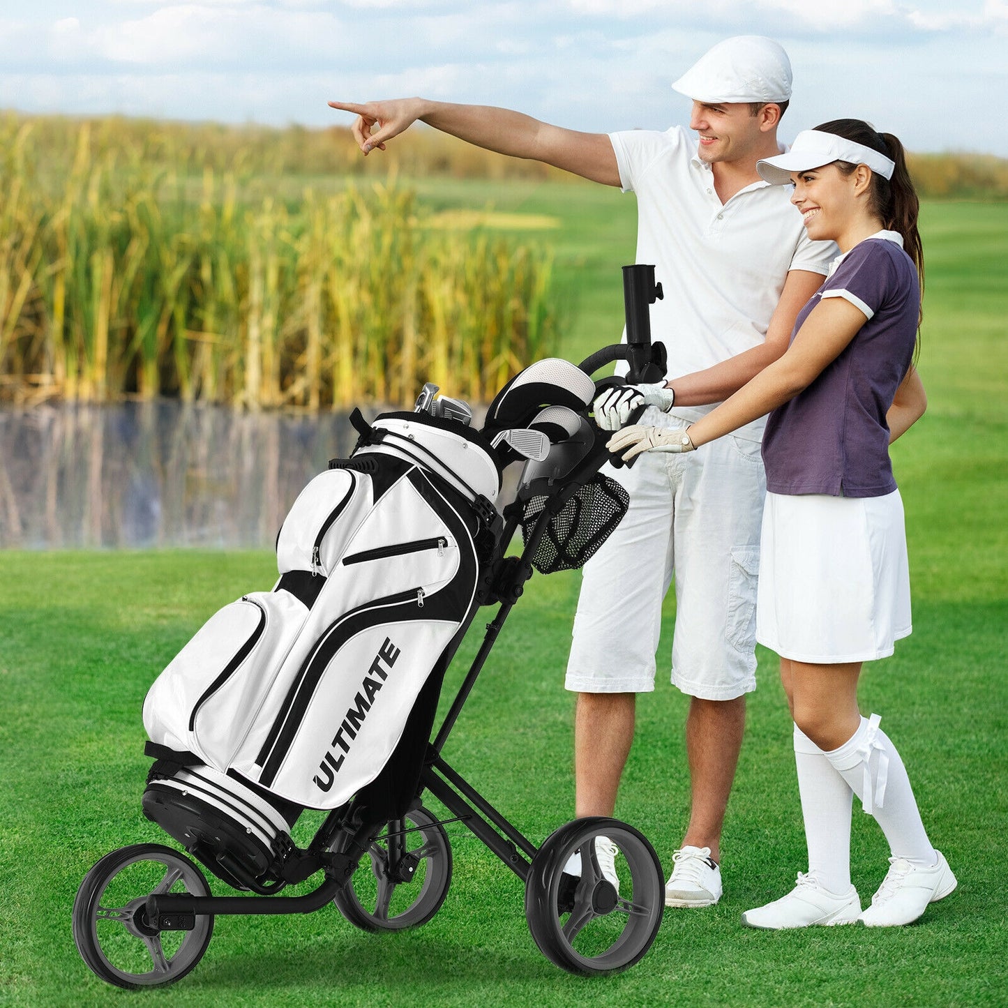 Folding 3 Wheels Golf Push Cart with Brake Scoreboard Adjustable Handle, Gray Golf   at Gallery Canada