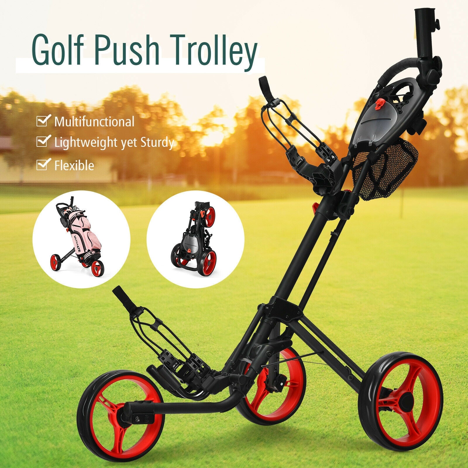 Folding 3 Wheels Golf Push Cart with Brake Scoreboard Adjustable Handle, Red Golf   at Gallery Canada