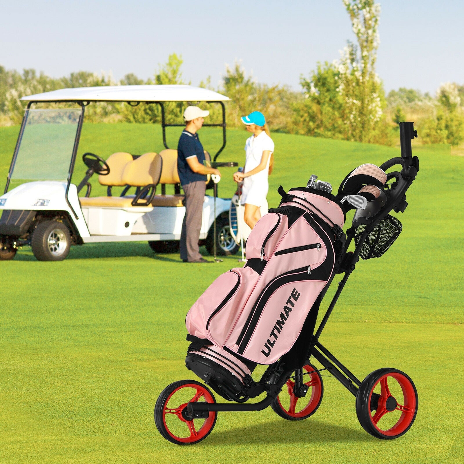 Folding 3 Wheels Golf Push Cart with Brake Scoreboard Adjustable Handle, Red Golf   at Gallery Canada