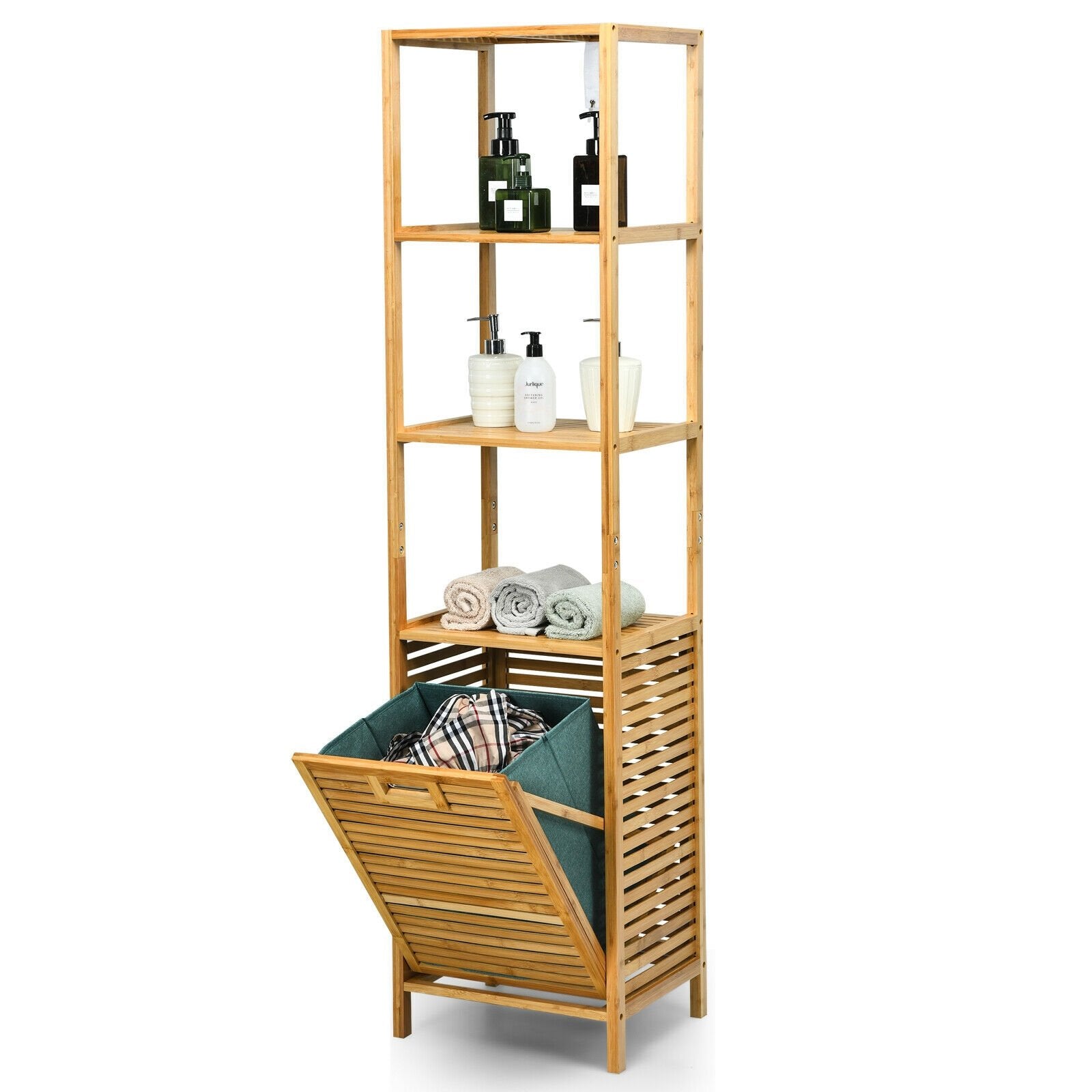 Bamboo Tower Hamper Organizer with 3-Tier Storage Shelves, Natural Floor Cabinets   at Gallery Canada