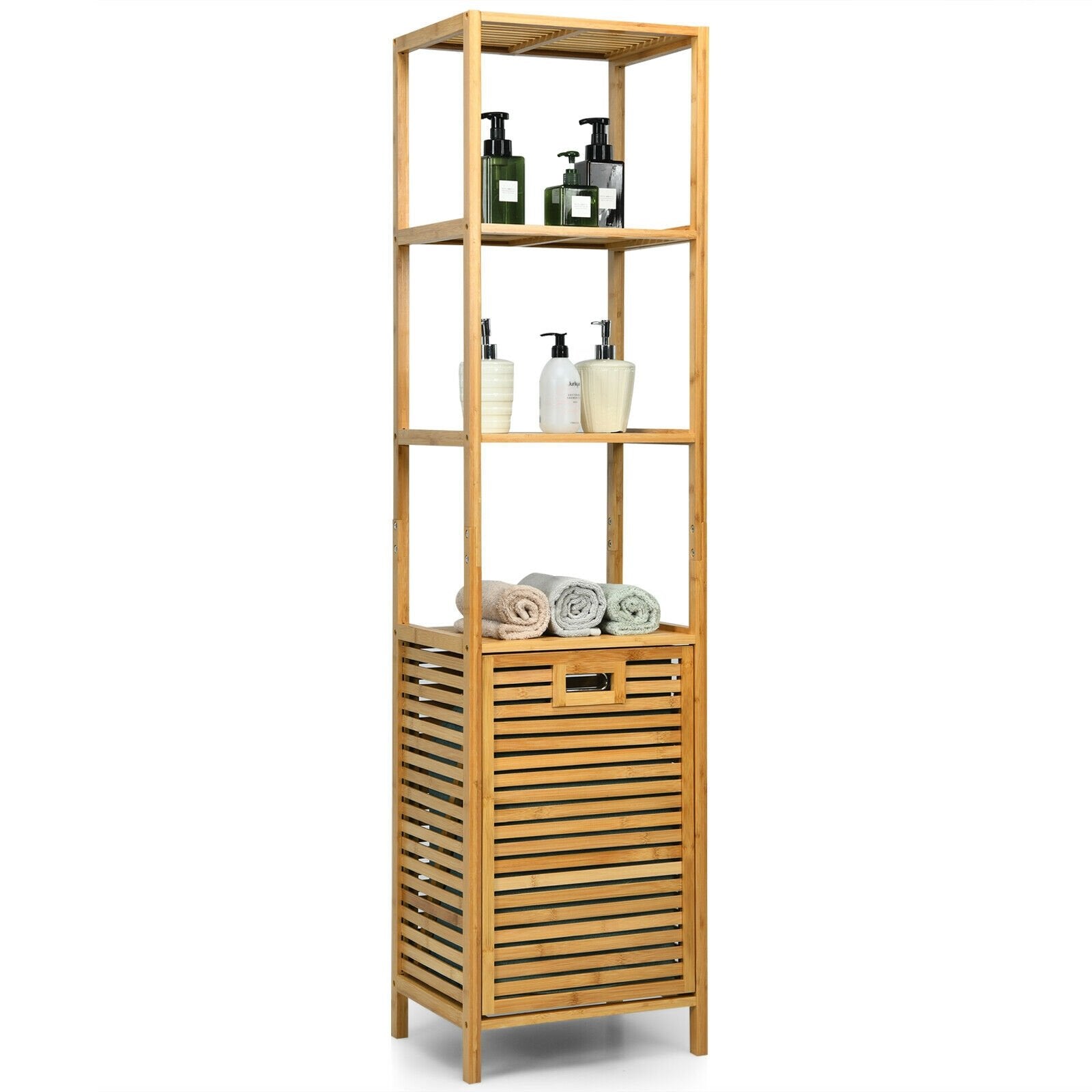 Bamboo Tower Hamper Organizer with 3-Tier Storage Shelves, Natural Floor Cabinets   at Gallery Canada