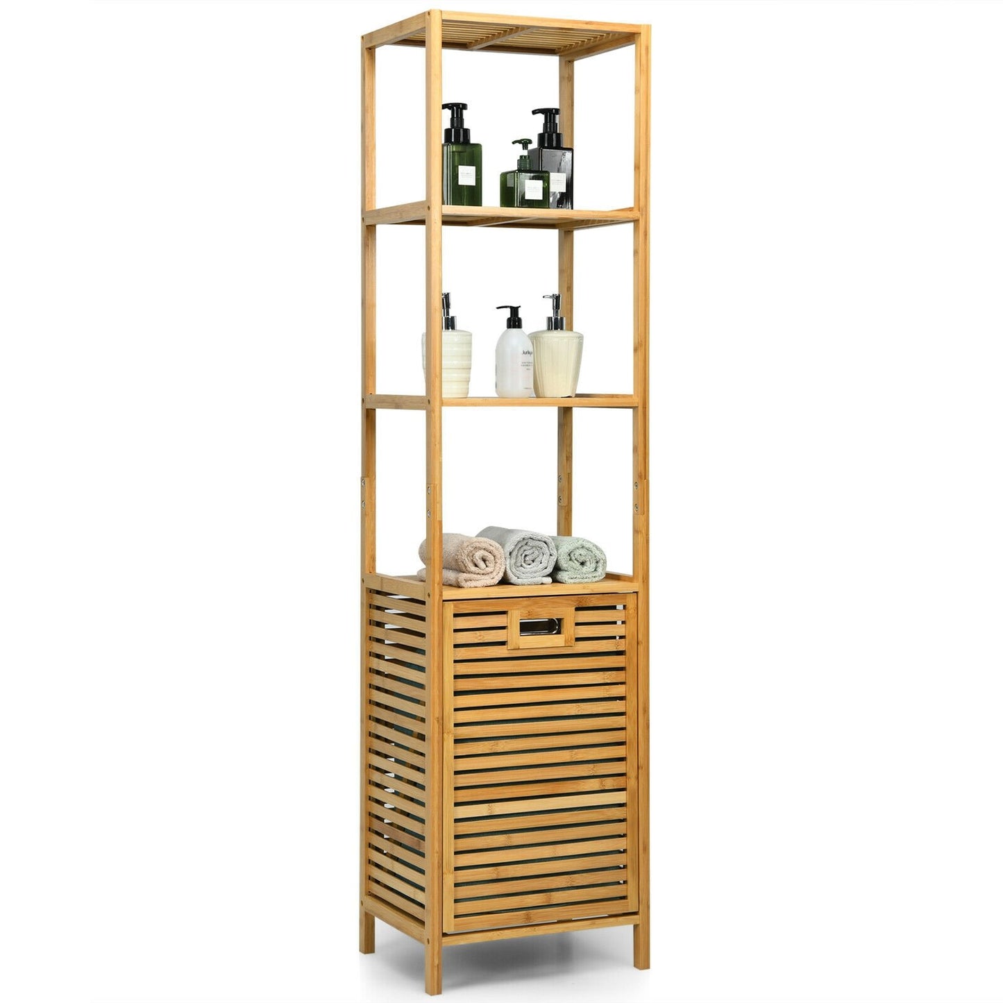 Bamboo Tower Hamper Organizer with 3-Tier Storage Shelves, Natural Floor Cabinets   at Gallery Canada