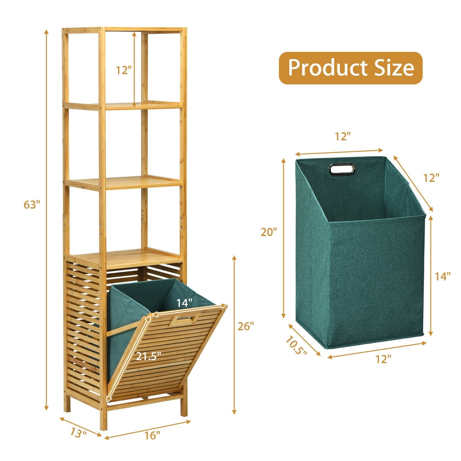 Bamboo Tower Hamper Organizer with 3-Tier Storage Shelves, Natural Floor Cabinets   at Gallery Canada