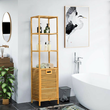 Bamboo Tower Hamper Organizer with 3-Tier Storage Shelves, Natural Floor Cabinets   at Gallery Canada