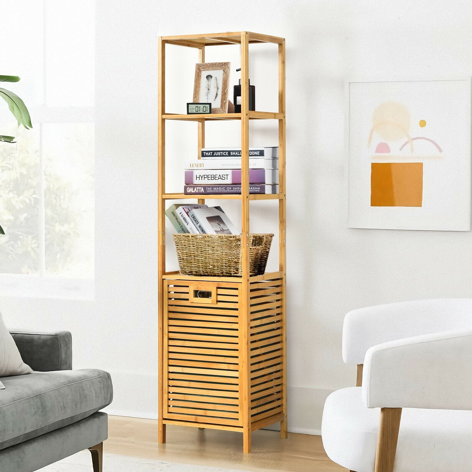 Bamboo Tower Hamper Organizer with 3-Tier Storage Shelves, Natural Floor Cabinets   at Gallery Canada