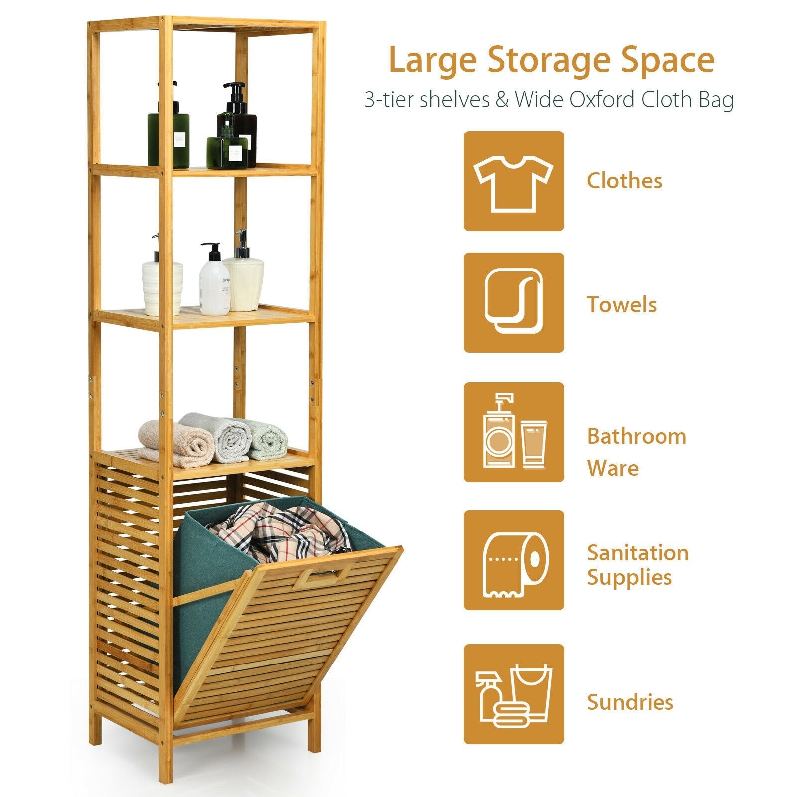 Bamboo Tower Hamper Organizer with 3-Tier Storage Shelves, Natural Floor Cabinets   at Gallery Canada