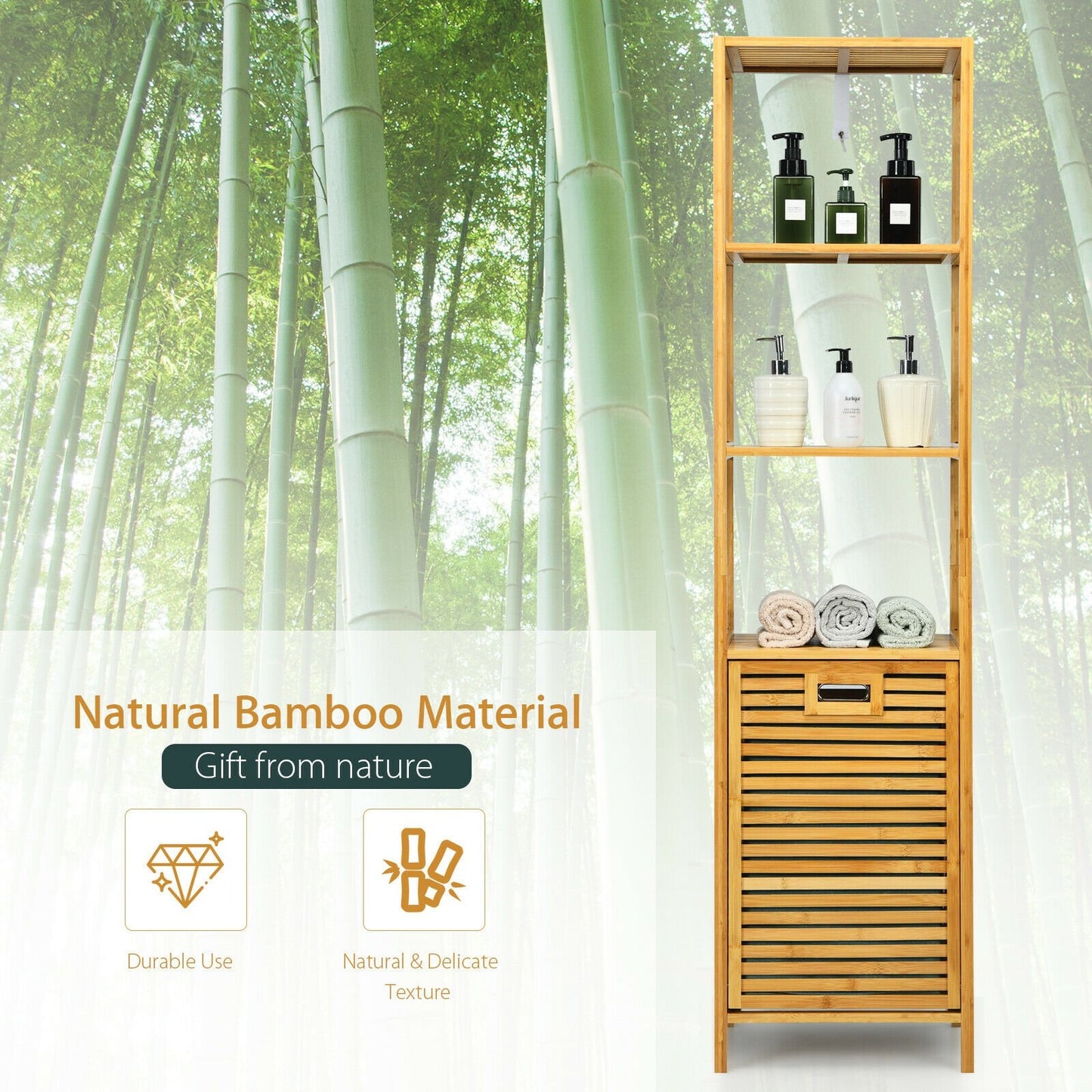 Bamboo Tower Hamper Organizer with 3-Tier Storage Shelves, Natural Floor Cabinets   at Gallery Canada