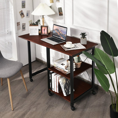 Rolling Folding Computer Desk with Storage Shelves, Brown - Gallery Canada