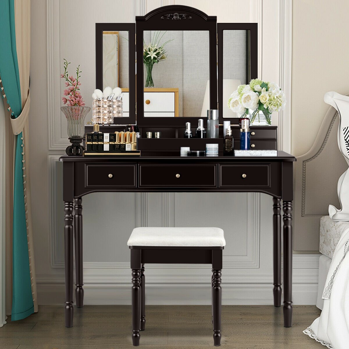 Makeup Dressing Table with Tri-Folding Mirror and Cushioned Stool for Women, Brown - Gallery Canada