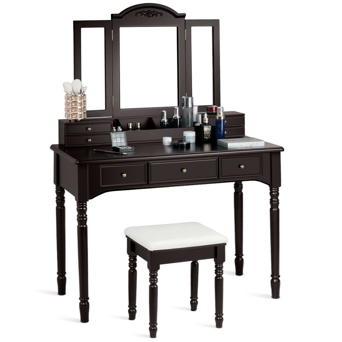 Makeup Dressing Table with Tri-Folding Mirror and Cushioned Stool for Women, Brown - Gallery Canada
