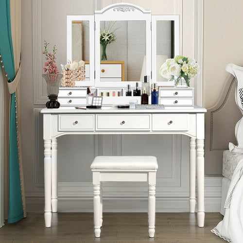 Makeup Dressing Table with Tri-Folding Mirror and Cushioned Stool for Women, White