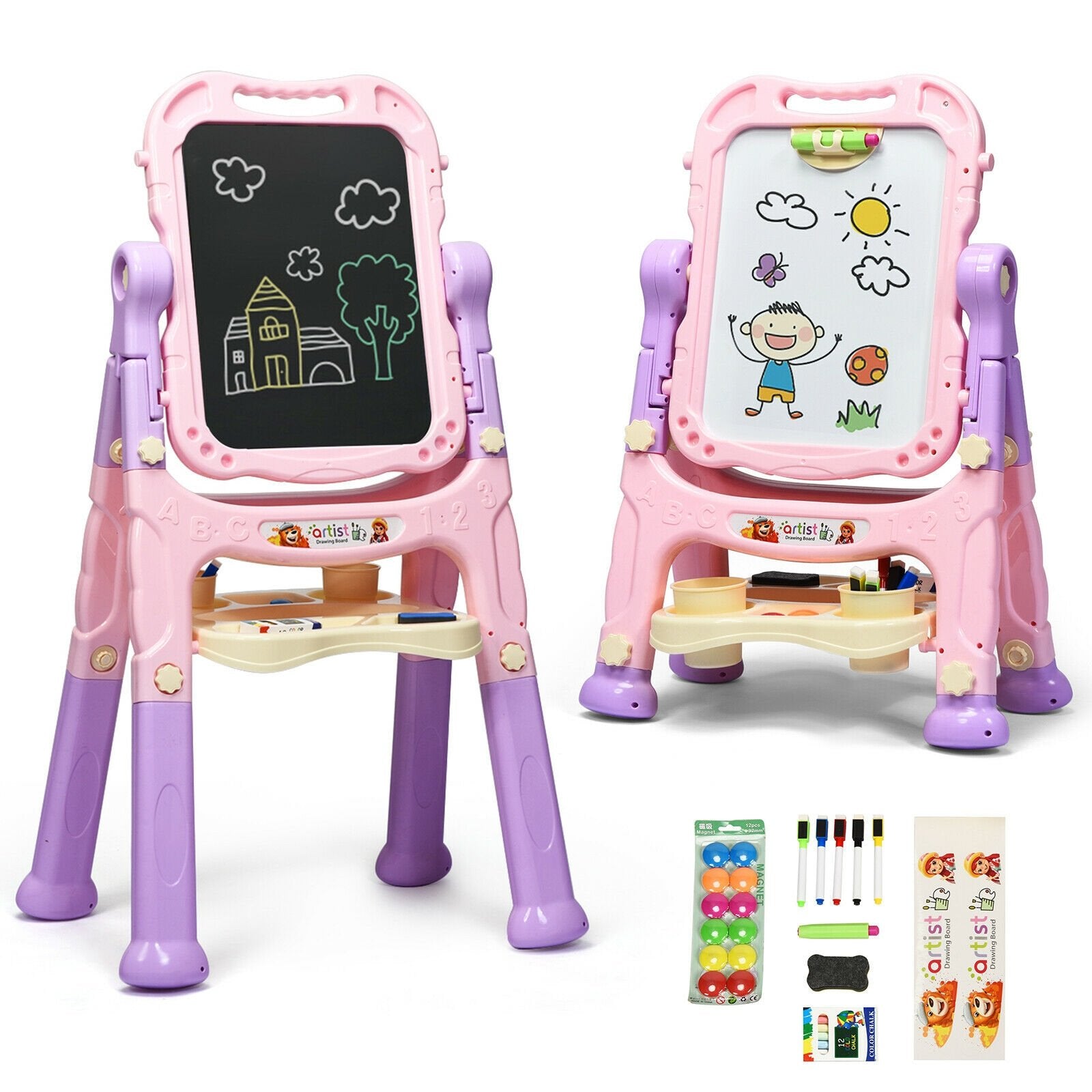 Height Adjustable Kids Art Easel Magnetic Double Sided Board, Pink Art Easels   at Gallery Canada