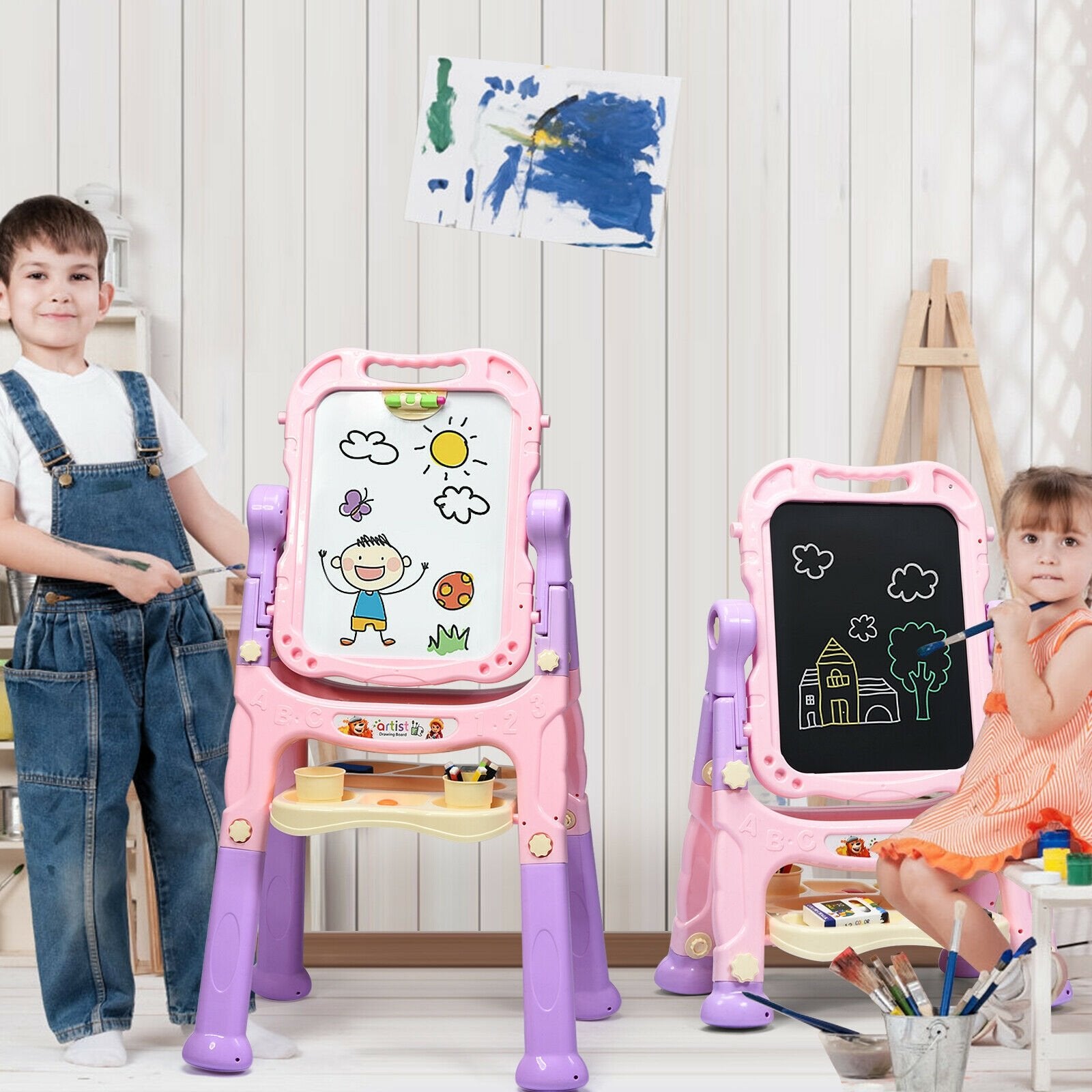 Height Adjustable Kids Art Easel Magnetic Double Sided Board, Pink Art Easels   at Gallery Canada