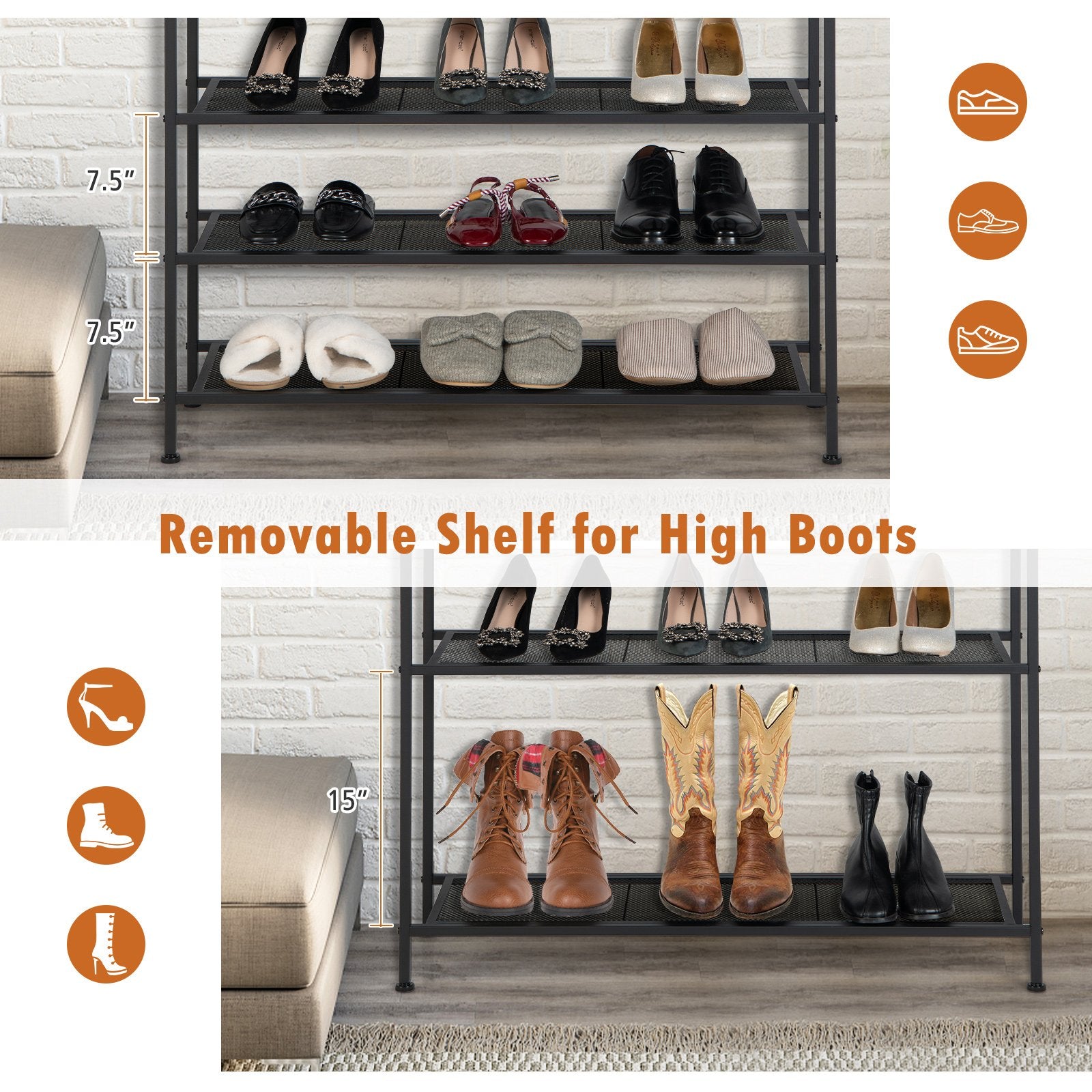 Industrial Adjustable 5-Tier Metal Shoe Rack with 4 Shelves for 16-20 Pairs, Rustic Brown Shoe Racks & Storage Benches   at Gallery Canada