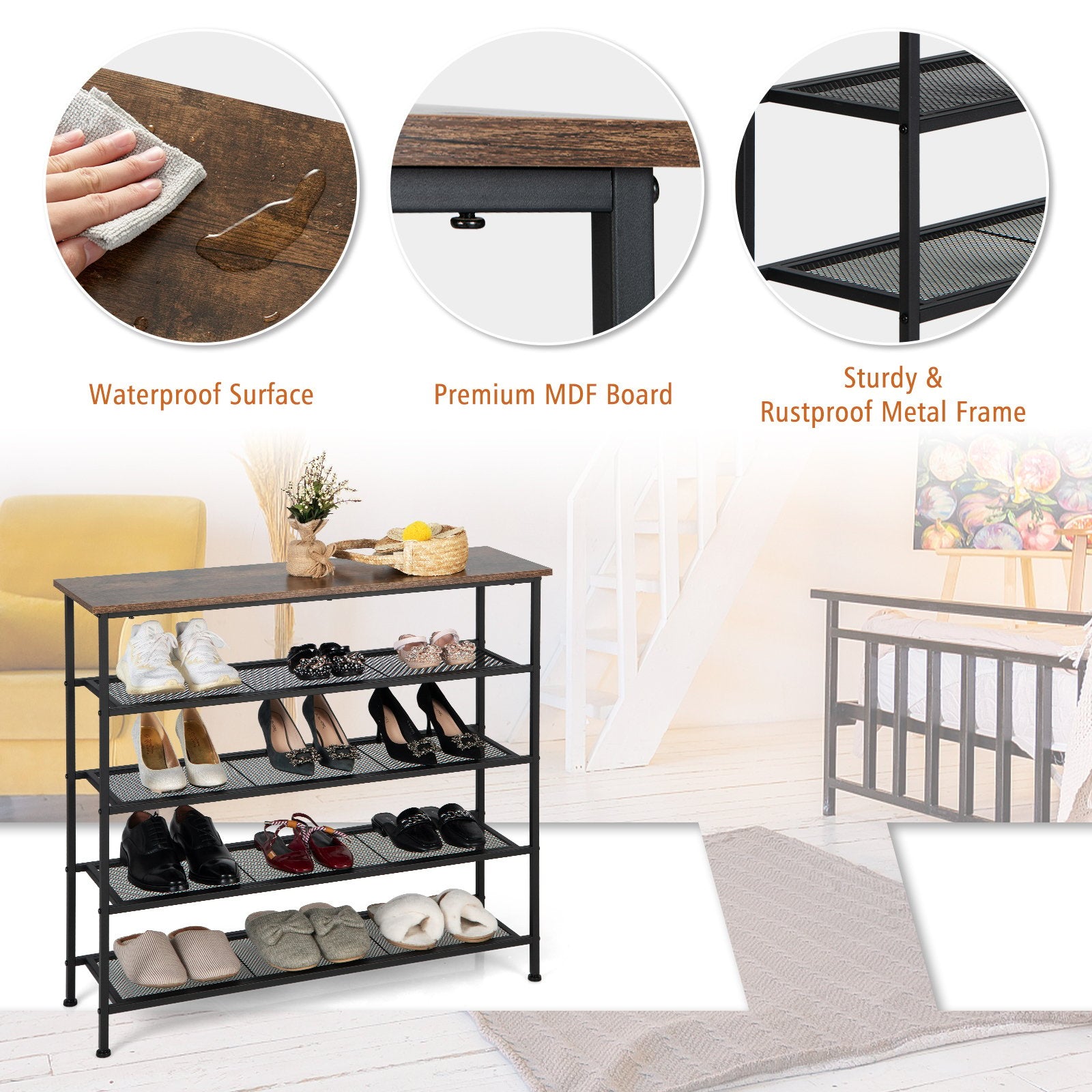 Industrial Adjustable 5-Tier Metal Shoe Rack with 4 Shelves for 16-20 Pairs, Rustic Brown Shoe Racks & Storage Benches   at Gallery Canada