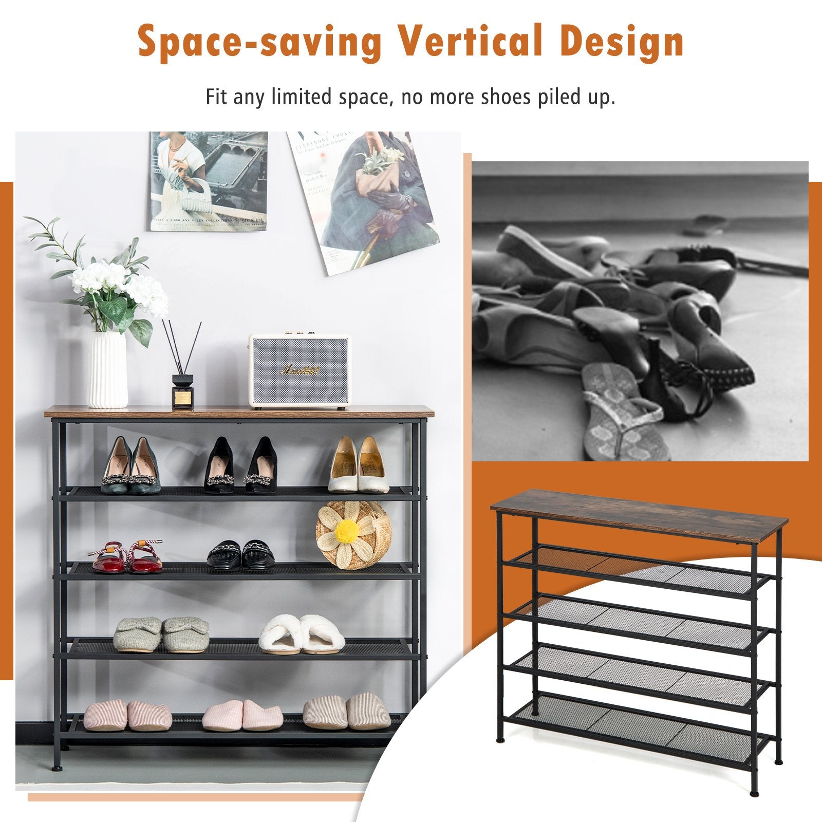 Industrial Adjustable 5-Tier Metal Shoe Rack with 4 Shelves for 16-20 Pairs, Rustic Brown Shoe Racks & Storage Benches   at Gallery Canada