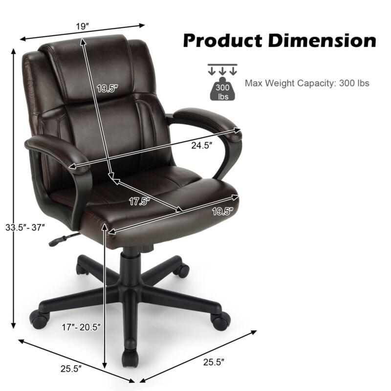 Adjustable Leather Executive Office Chair Computer Desk Chair with Armrest, Brown Executive Chairs   at Gallery Canada