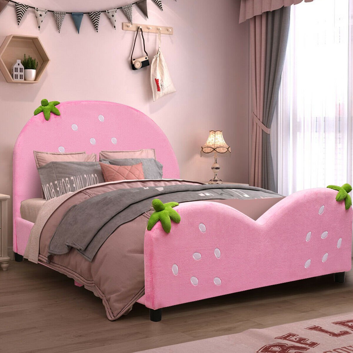 Kids Children Upholstered Berry Pattern Toddler Bed, Pink Toddler Beds   at Gallery Canada