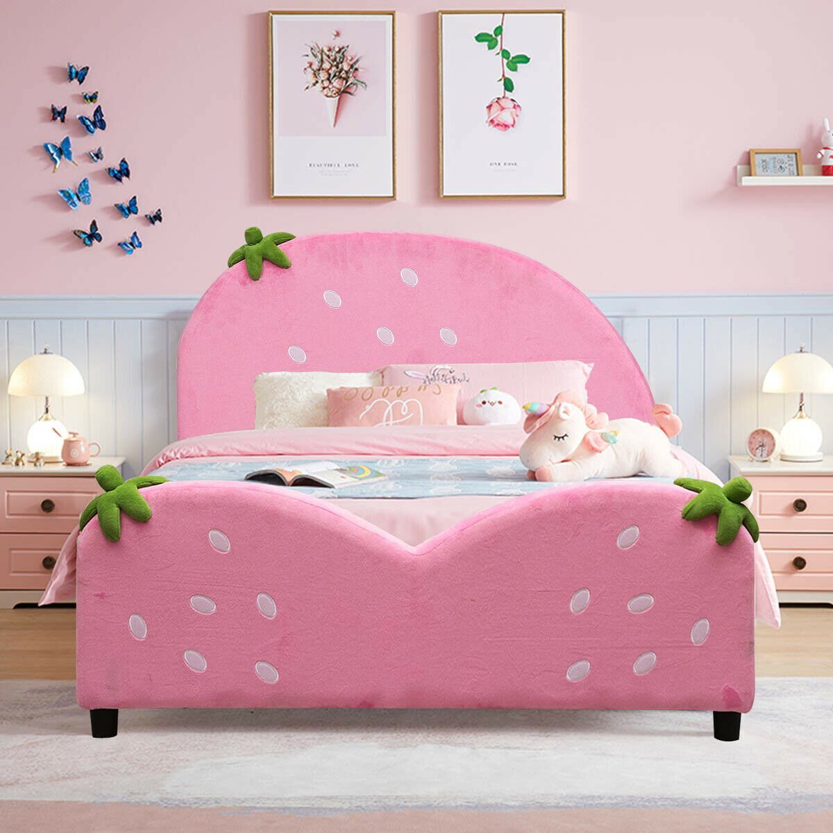 Kids Children Upholstered Berry Pattern Toddler Bed, Pink Toddler Beds   at Gallery Canada