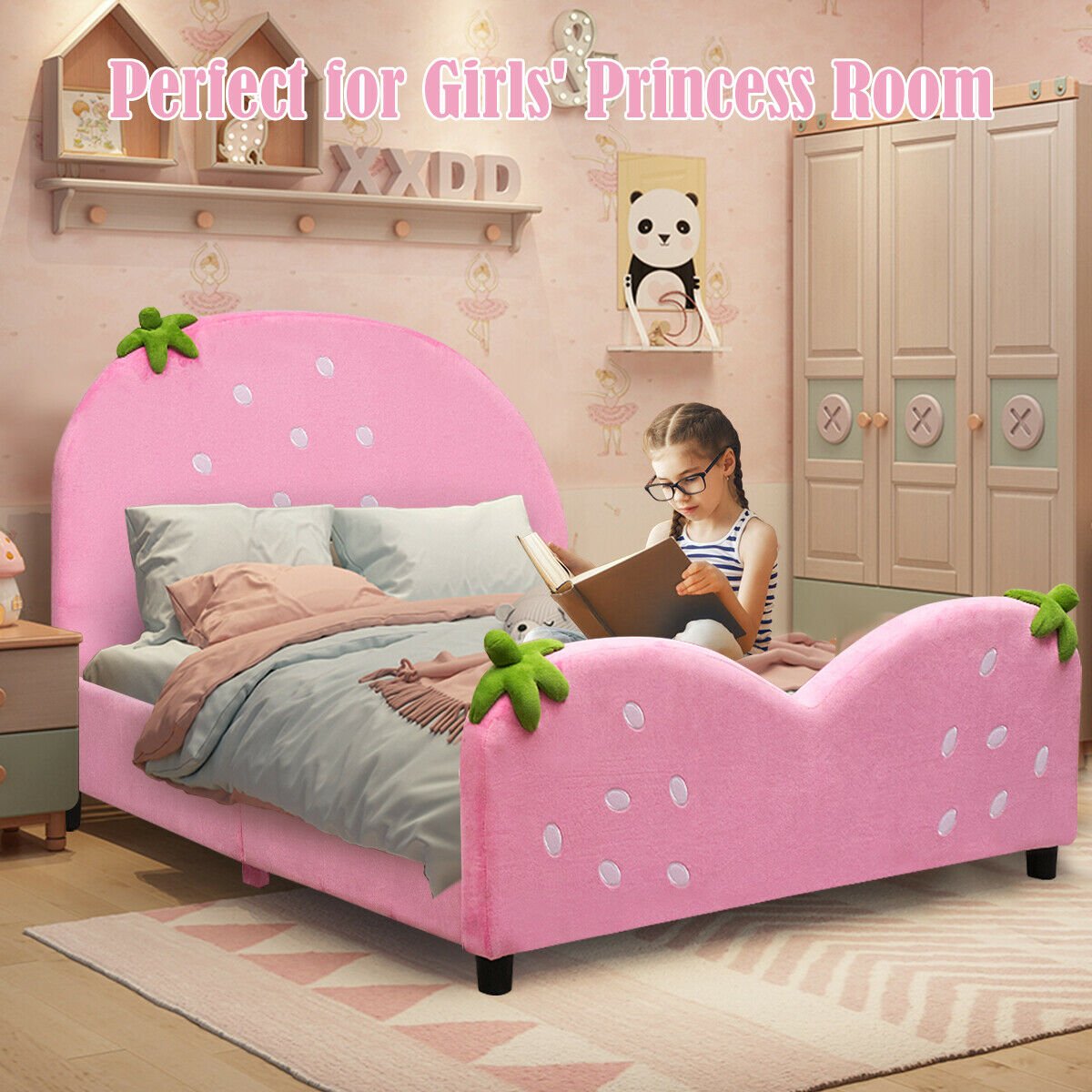 Kids Children Upholstered Berry Pattern Toddler Bed, Pink Toddler Beds   at Gallery Canada