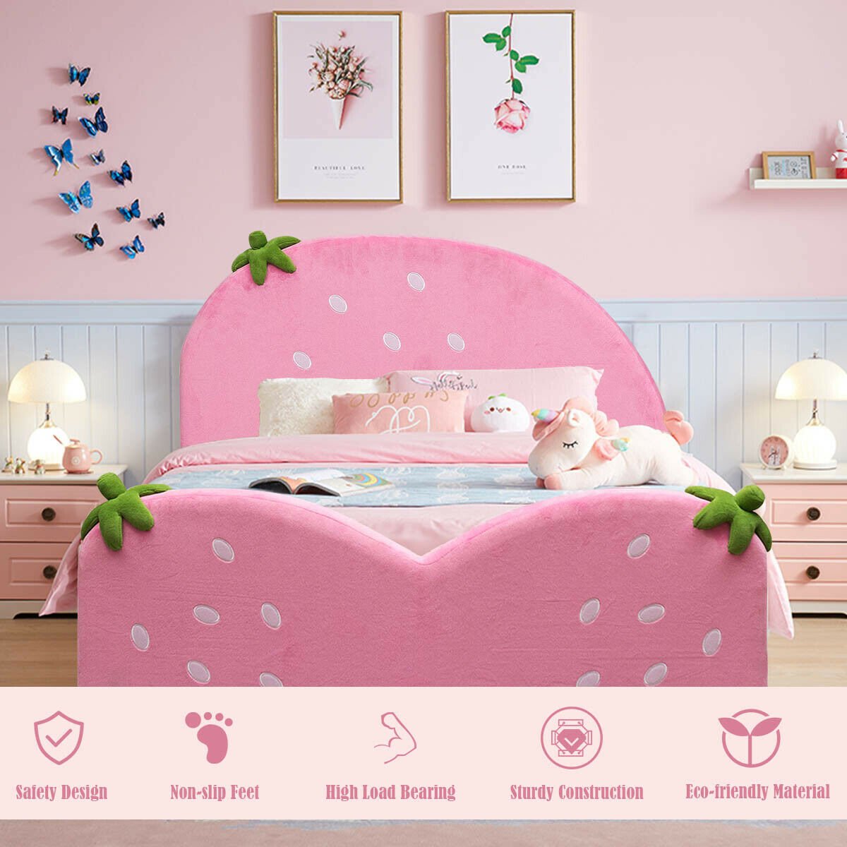 Kids Children Upholstered Berry Pattern Toddler Bed, Pink Toddler Beds   at Gallery Canada