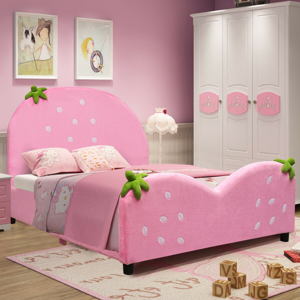 Kids Children Upholstered Berry Pattern Toddler Bed, Pink Toddler Beds   at Gallery Canada