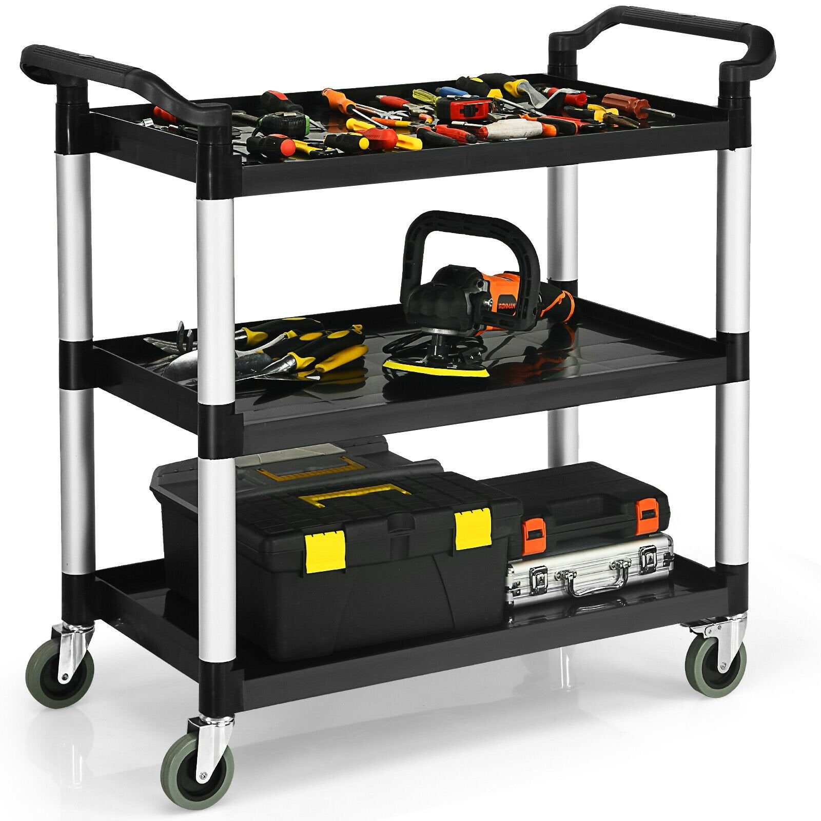 3-Shelf Utility Service Cart Aluminum Frame 490lbs Capacity with Casters, Black Kitchen Islands & Carts   at Gallery Canada