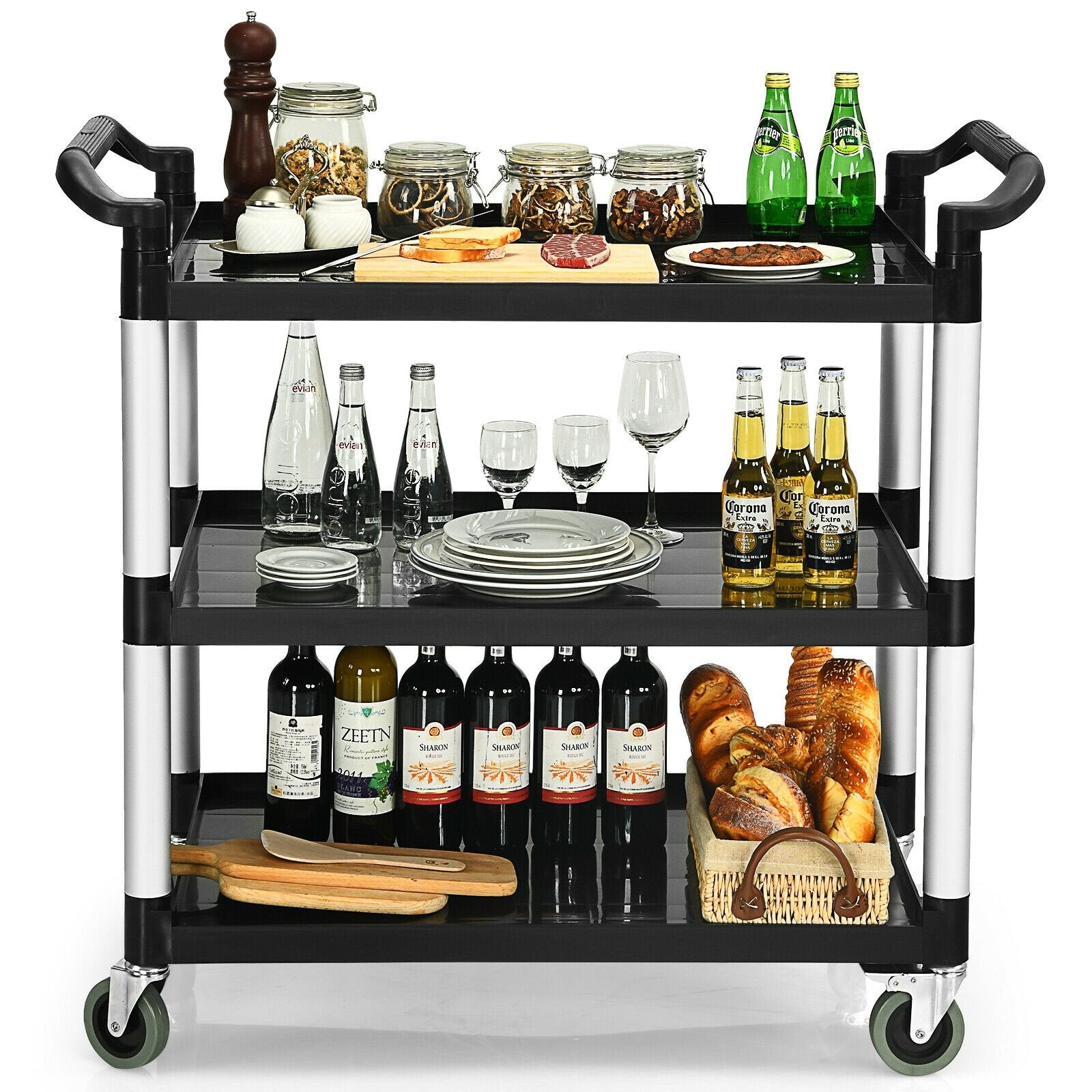 3-Shelf Utility Service Cart Aluminum Frame 490lbs Capacity with Casters, Black Kitchen Islands & Carts   at Gallery Canada