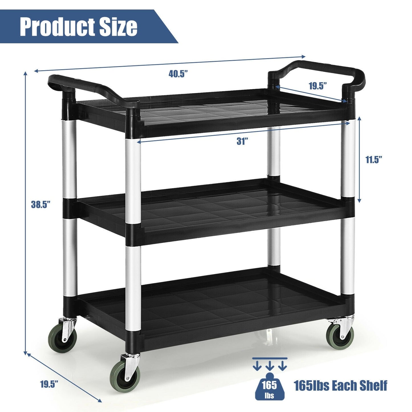 3-Shelf Utility Service Cart Aluminum Frame 490lbs Capacity with Casters, Black Kitchen Islands & Carts   at Gallery Canada